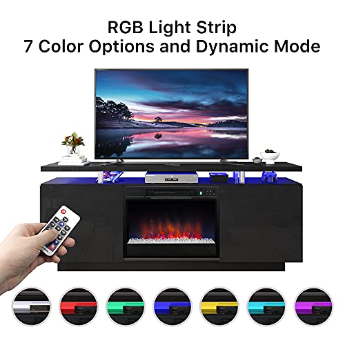 POVISON Modern Fireplace TV Stand, Wood LED Entertainment Center with