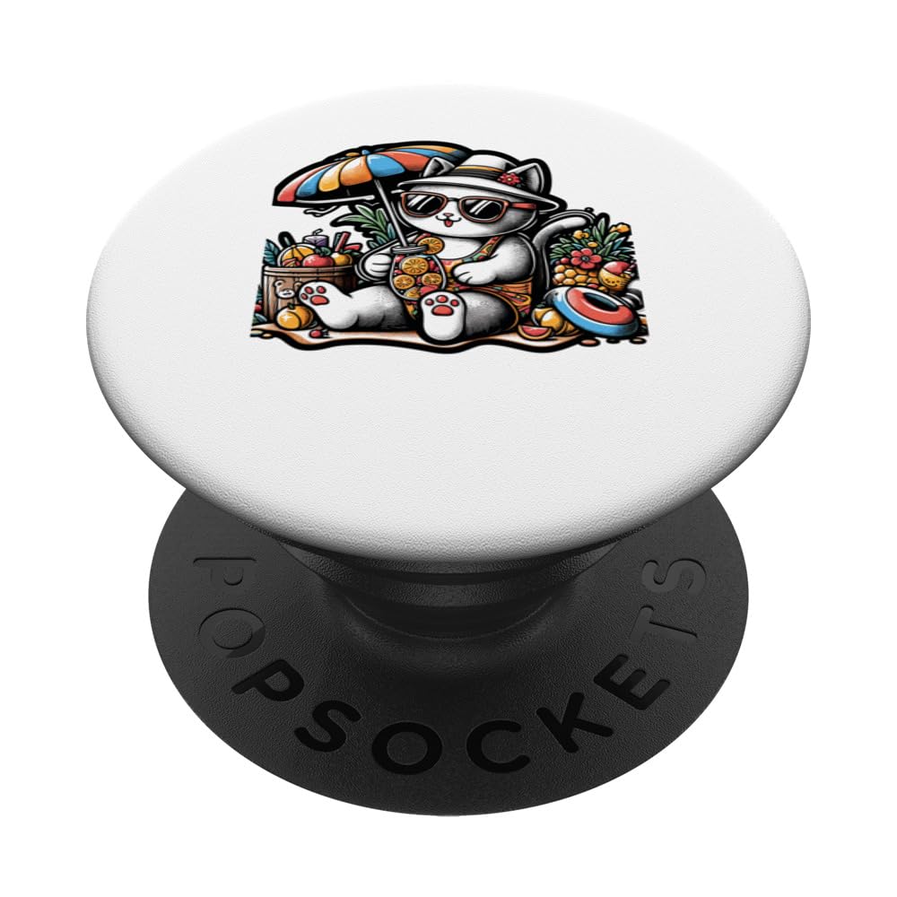 Cute Kawaii Cat Wears Summer Clothes & Sunglasses, Drinking PopSockets Swappable PopGrip