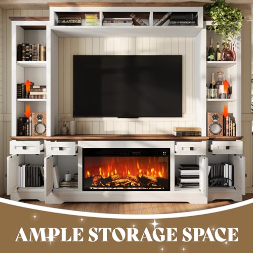 Jocisland 98in Farmhouse Entertainment Center with 36" Fireplace, TV Stand, Bookshelves, Wine Cabinet, Fits 75" TVs, Large Wall Unit Media Console with Power Outlets & Barn Doors, Living Room, White