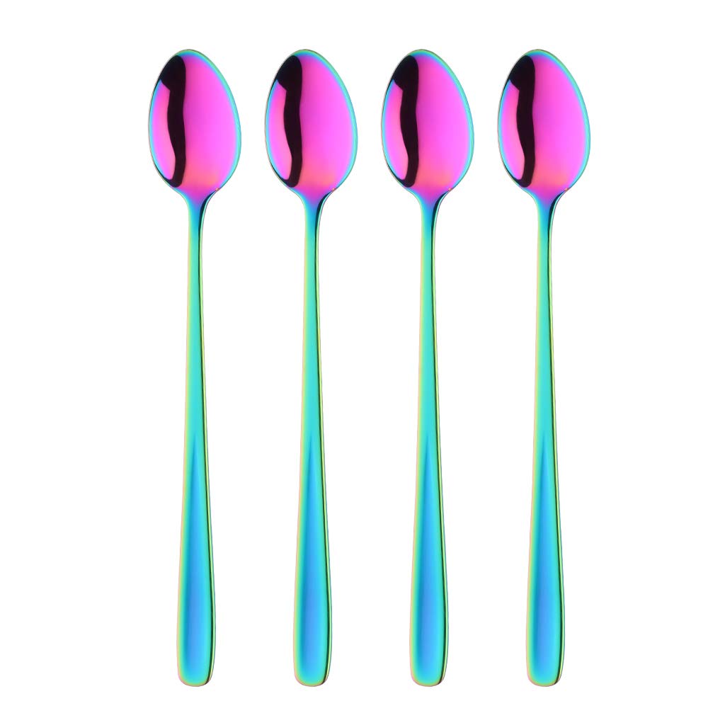 BISDARUN Latte Spoons Rainbow Teaspoons Long Handled 20cm 4-Piece Iridescent Ice Cream Spoons 18/10 Stainless Steel Dessert Spoons for Coffee