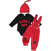 Douhoow Baby Boy's Valentines Day Outfits Lover Boy Embroidery Baby Romper Susupender Overall Pants With Hat