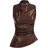 SHENHE Women's Mock Neck PU Leather Pleated Asymmetrical Sleeveless Fitted Dressy Tank Top