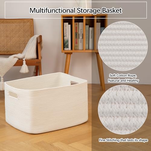 OIAHOMY 75L Large Blanket Basket, Woven Storage Basket with Handle, Cotton Rope Basket 22”x17”x12”,Blanket Basket Living Room, Toy Basket for Nursery, White