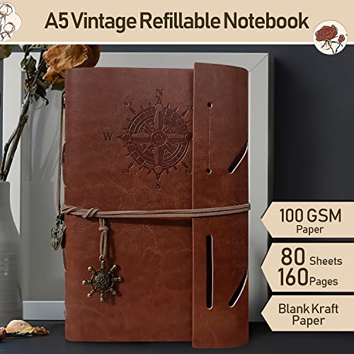 A5 PU Leather Notebook with Kraft Paper Refillable Vintage Refillable for Notebook Travel Journal, Bound Beautiful Travel Diary Ring Binder Sketchbook Vintage Notebook (A5 Brown)