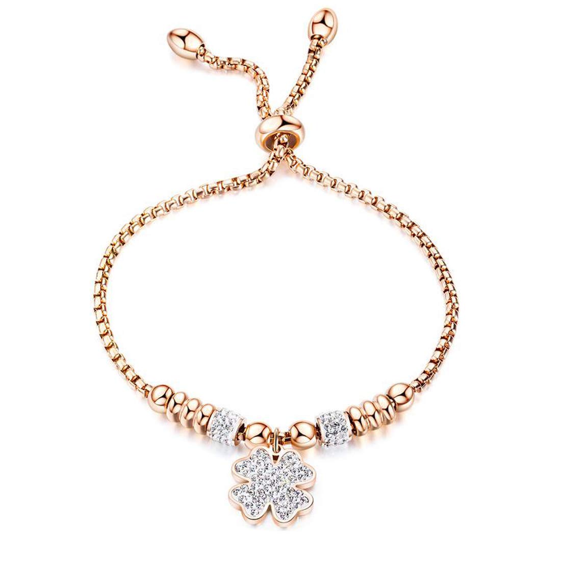 Caimeytie Women/Girl's Adjustable Bracelet with Clover Pendant Stainless Steel Clover Gift