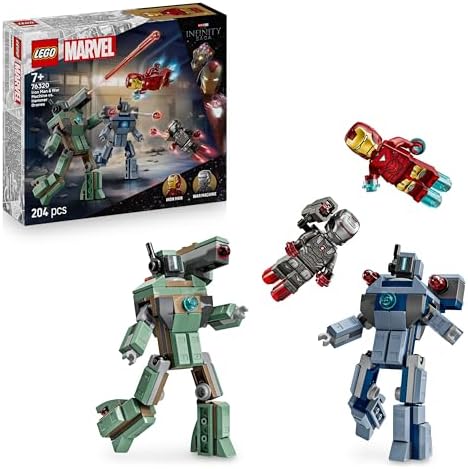ǀ Marvel Iron Man & War Machine vs. Hammer Drones - Brinquedo de construção com 2 minifiguras e 2 bonecos de ação com Stud Shooters - Presente de Super Herói para Rapazes de 7+ Anos - 76320