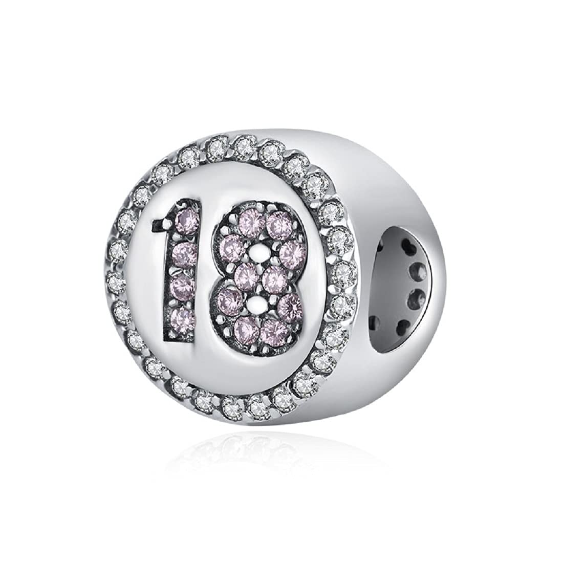 FeatherWish Celebration 18 Happy Birthday Beads Charm With Clear And Pink Cubic Zirconia Compatible With Pandora Bracelet Or Necklace (18th)