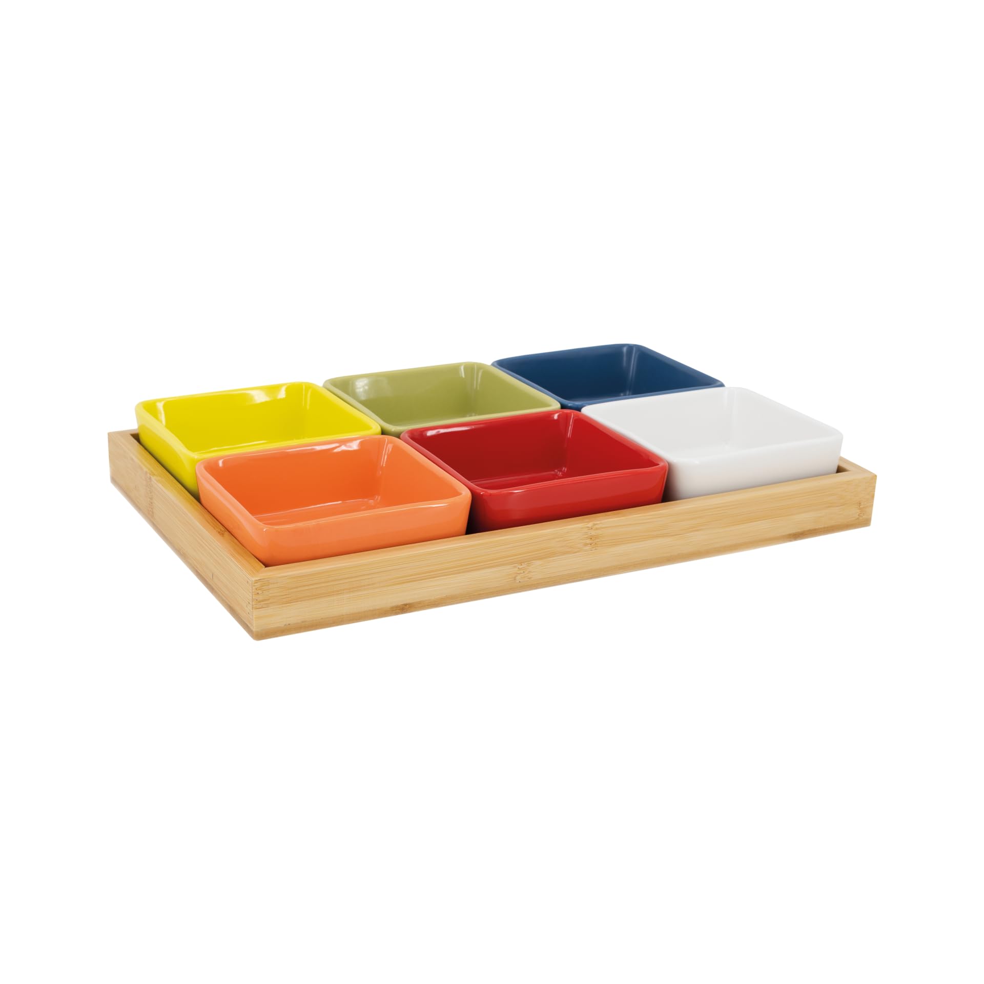Remember Bowl Set with Wooden Tray No. 1, 7 Pieces, Tray: W 33 x D 22.5 x H 5 cm, Dishwasher Safe - Serving Bowl Set with Wooden Tray for Snacks, Tapas or Antipasti