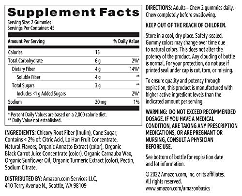AMAZON BASICS SOFT FIBER GUMMIES FOR DIGESTIVE HEALTH AND REGULARITY, ORANGE, LEMON & STRAWBERRY FLAVORS, 90 COUNT, PACK OF 1 (PREVIOUSLY SOLIMO)