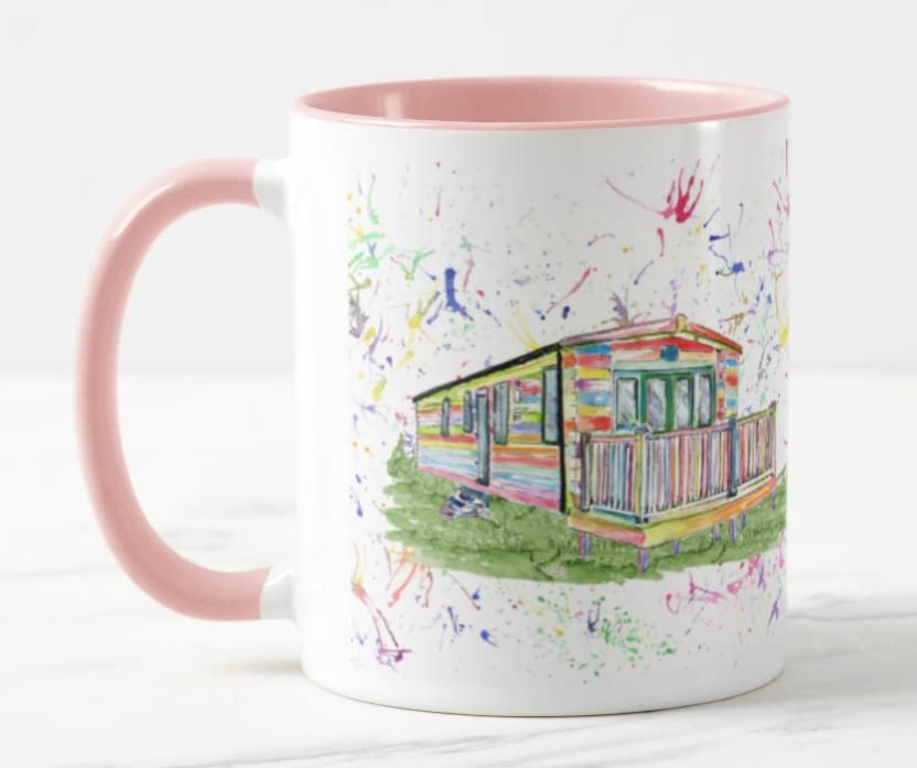 Vixar Caravan Static Holiday Home Watercolour Art Coloured Mug Cup Gift Birthday Work Office Christmas Tea Coffee (Pink)