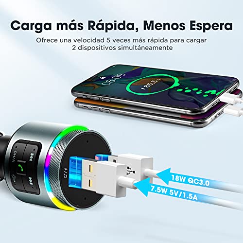 Transmisor FM Bluetooth 5.0 para Coche, [Detecta Frecuencia Libre Automático], RGB 9 Colores Luz de Anillo, Dual Micrófono Manos Libres Reproductor MP3, QC3.0 Adaptador, Siri Google Asistente