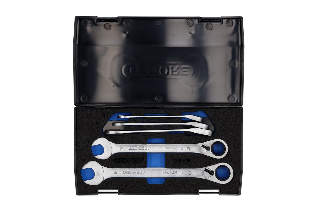 GEDORE Open-ended spanner set with ring ratchet, 5-pc. Set, AF 8-19 mm, Flat, Spanner set, 7 R-005