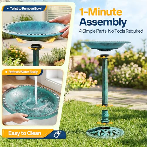 VIVOHOME Bird Bath with Solar Fountain Antique Bird Bath Outdoor Garden Feeding Bowl for Wild Birds Water Drinker, Green