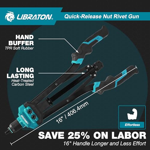LIBRATON Rivet Nut Tool, 16" Rivnut Tool Kit, Manual Rivnut Gun with 7 Metric Interchangeable Chucks, 70 Rivet Nuts, Carrying Case, Release Nut Design