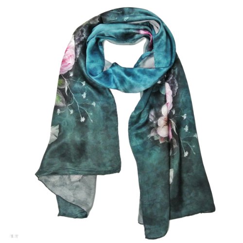 Allydrew Luxurious 100% Charmeuse Silk Floral Painting Long Scarf with Hand Rolled Edges, Peonies on Teal