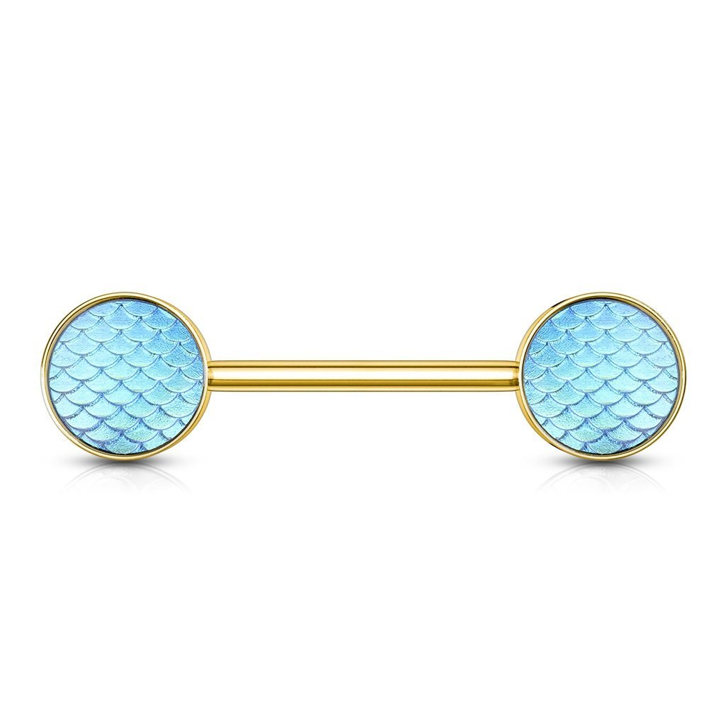 PiercedOff Gold Tone IP over 316L Surgical Steel 1.6mm Nipple Bar with Aqua Holographic Dragon Scales - Bar Length 14mm
