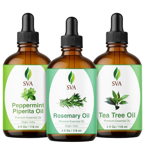 SVA Rosemary, Tea Tree and Peppermint Essential Oil 4oz Bundle Super Saver Combo – Premium Grade Value Set for Hair Oiling, Scalp Massage, Hair Care, Skin & Body