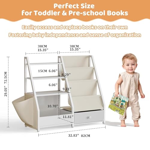 4 Tier Kids Bookshelf - Toddler Book Display Shelves, Children Bookcase Organizer for Kids Room, Classrooms, Nursery, Bedroom, White, 85 * 30 * 75Cm