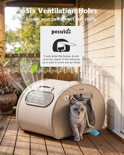 Pecute Casa Refrigerante para Gatos y Perros Pequeños, Caseta Fresca con 6 Cajas de Gel Reutilizables, Alfombrilla Refrigerante, Ventana Transparente Plegable, Tamaño M <6kg para Interior, Beige.