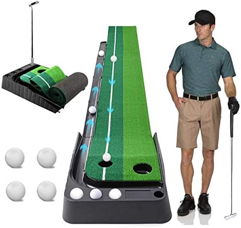Aliennana Golf Putting Green with Auto Ball Return,Golf Practice Mat Training Aid,Extra Long 9.84Feet,Pro Outdoor Indoor Putting Green with 4 Bonus Balls Foldable (ASD)