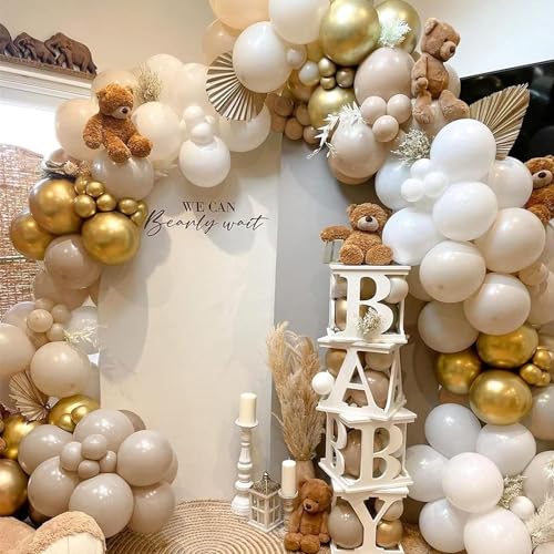 156 Pcs Sand White Gold Balloon Arch Kit, White White Nude and Metallic Chrome Gold Balloons for Boho Wedding, Bridal Shower, Birthday Decorations, Engagement, Anniversary