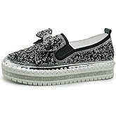 N/AB Women's Casual Fashion Platform Rhinestones Glitter Slip On Sneakers Cute Bowknot Flat Walking Loafers Platform Dress Shoes