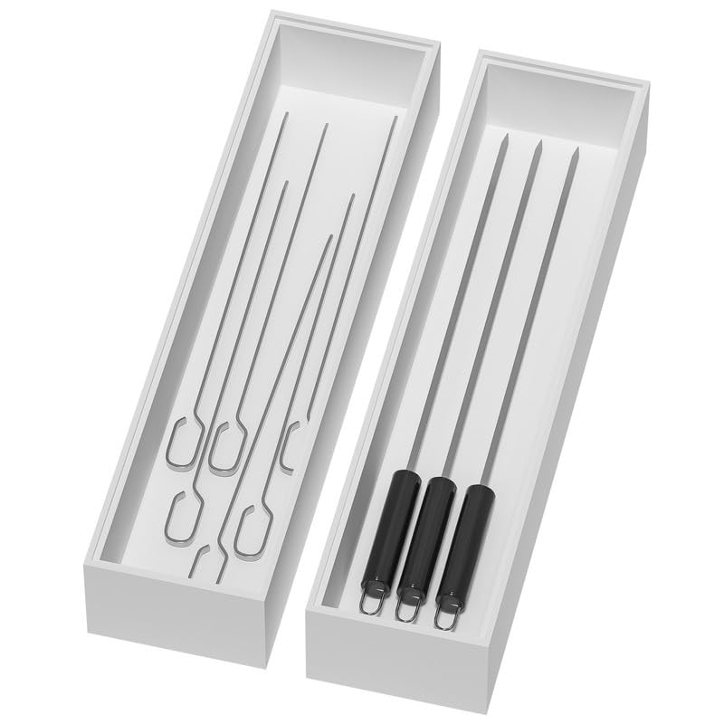 Photo 1 of Lixple Bamboo Drawer Organizer, Narrow Silverware Organizer for Kitchen, Stackable Utensil Organizer, 2 Pcs Flatware Organizer for Drawer, Wooden Storage Box Tray (White, 12 X 3 X 2 Inch)