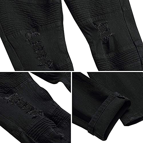 LONGBIDA Men's Skinny Biker Jeans - Slim Fit Denim With Multi Pockets, Black, Size 30