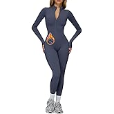 AEEZO Womens Fleece Lined Built-In Bra Workout Jumpsuits Zip Up Thermal Yoga Rompers Sexy One Piece Bodycon Romper