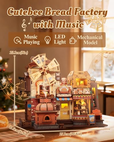 CUTEBEE 3D Holzpuzzle Bread Factory – Modellbau Holz Bausatz für Erwachsene mit LED, Musik & rotierenden Mechanismen, 576-teiliges Miniatur-Haus, Holzbausatz DIY, Bücherregal-Deko, Geschenkidee
