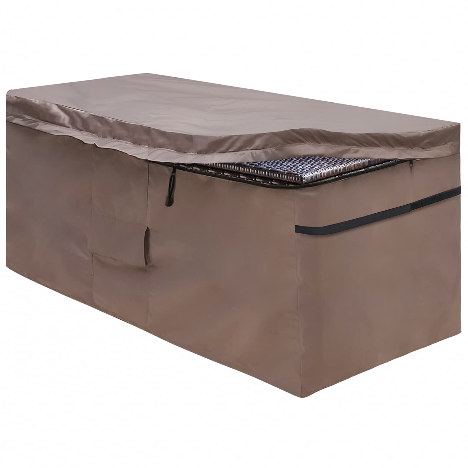 MunteLock Garden Deck Box Cover, Outdoor Storage Box Protective Covers with Zipper Lid and Air Vent, Waterproof, 420D Oxford Brown (130 * 71 * 67cm)
