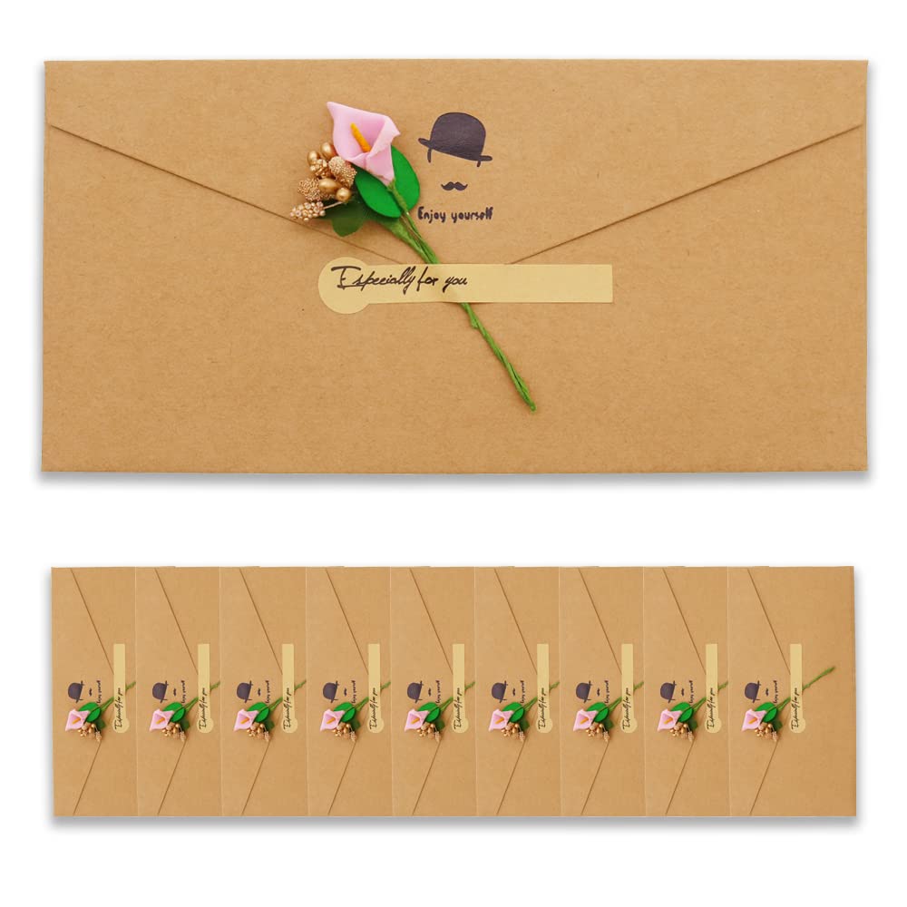 BITEYI 10pcs Fancy Envelopes with Greeting Cards Handmade Dried Flowers and Stickers,Vintage Kraft Paper Envelopes with Postcards (Coffee Color)