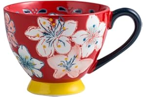 Healifty Ceramic Mug Large Capacity European Style Coffee Mug Red Floral Embossed Breakfast Cup for Home