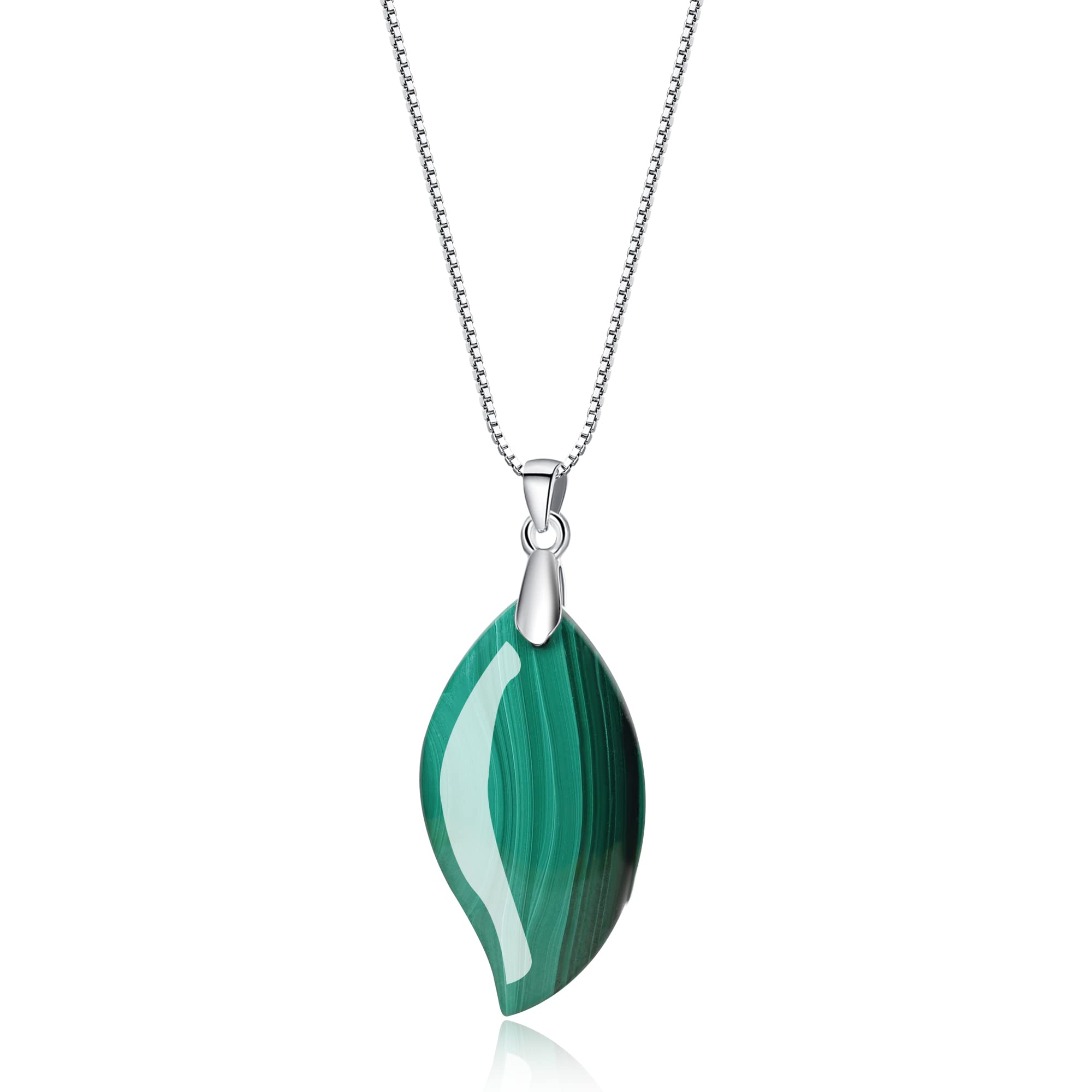 COAI 925 Sterling Silver Malachite Leaf Pendant Stone Necklace for Women Girls