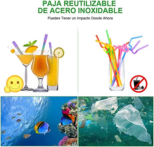 Bedee Paja Plegable, pajitas Reutilizables de Metal, Puntas de Silicona Ecológico Sin BPA Pajas de Beber con 2 Cepillos de Limpieza para Bebidas Juice Coffee Cóctel para Adultos y Niño 2 Piezas