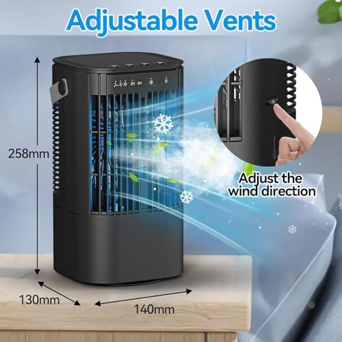 Aire Acondicionado Portátil, 4 en 1 Mini Enfriador de Airecon Tanque de Agua 1000ml luz de atmósfera de 7 colores, Mini AC Personal con temporizpara dormitorio, escritorio, casa, oficina (Negro)