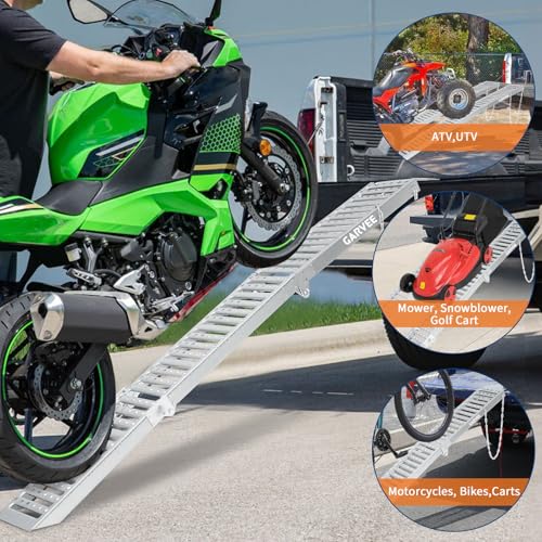 Garvee 6 ft Folding Loading Ramps (2-Pack) - 1000 Lb Capacity Heavy Duty Steel Tri-Fold Ramps for ATV, Dirt Bike, Motorcycle, Pickup Trucks, E-Bikes, 9 in Wide Anti-Slip Surface, Silver