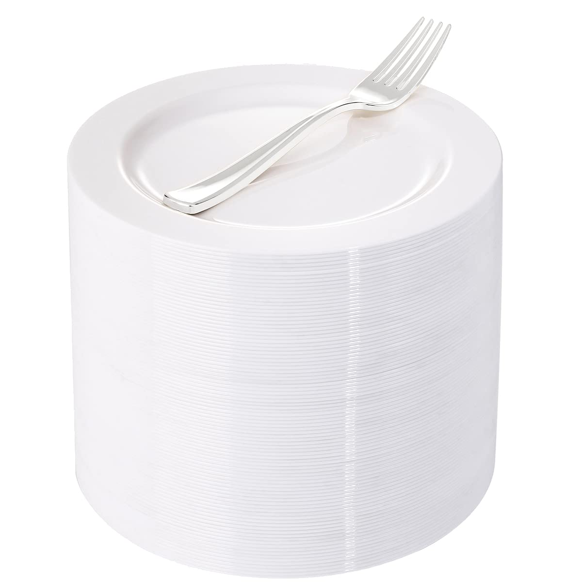 Photo 1 of WELLIFE 100 Pieces White Plastic Dessert Plates with 100pcs Silver Disposable Forks, Premium Hard Salad Plate 7.5”, Appetizer Plastic Plates for Wedding, Party