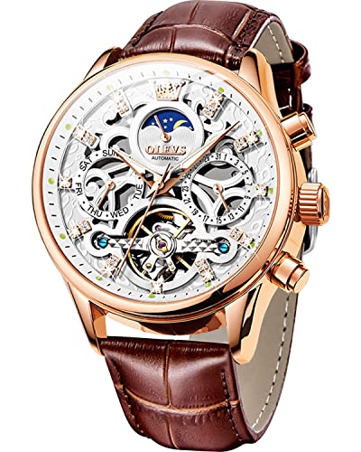 OLEVS Men's Watch Leather Brown Skeleton Automatic Mechanical Tourbillon Calendar Moon Phase Luminous Waterproof Luxury Business Wristwatch