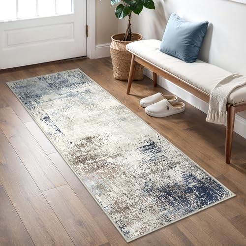 Beimo Waschbarer Teppich Wohnzimmer, Abstrakt Design Teppich Schlafzimmer Kurzflor, Teppiche Rutschfest Kurzflor für Badezimmer Läufer,Blau, 80X300CM