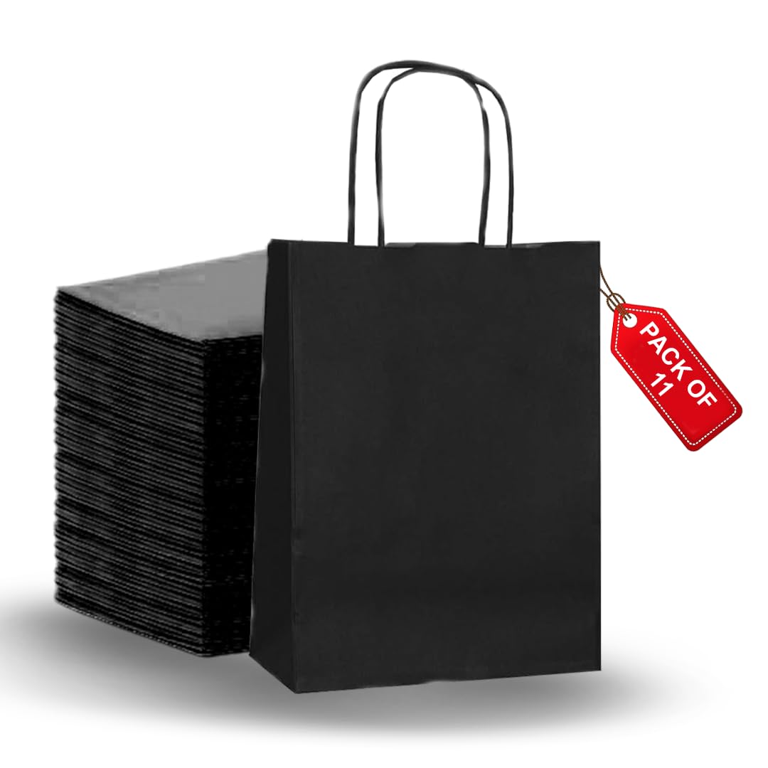 SMALL 11 Pcs Paper party bags for kids party - Gift carrier with twisted handles - Black gift bag Perfect for Thanksgiving, Anniversary, Kids Birthday, Weddings, Baby Showers (31×21×11 CM)