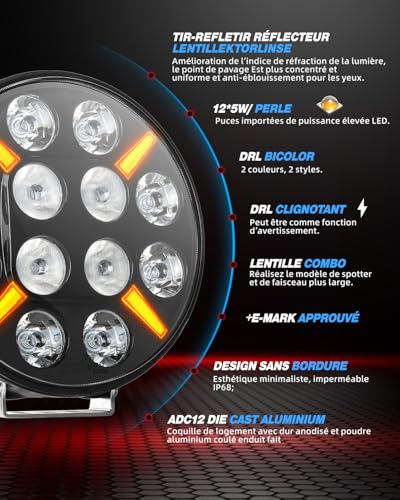 BraveWAY 9 Inch LED Work Light 2 PCS Long Range Led Headlight with Orange/White Flashing Light, 12 V - 24 V, E9 Approved for Car, Truck, Tractor, Front Lights