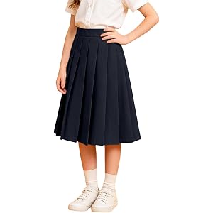 Ayolanni School Uniform Skirts for Girls Adjustable Waist Pleated Knee Length Skorts Long Flowy Swing Skirt Teen Girl Dresses