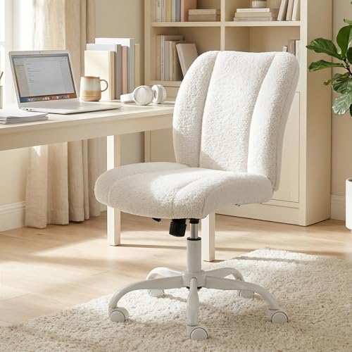 KRAMZMING Vanity Chair with Wheels, Cute Desk Chair with Back, Armless Office Chair Height Adjustable, Soft Lumbar Support for Small Space, Bedroom, Make-up Room（White）