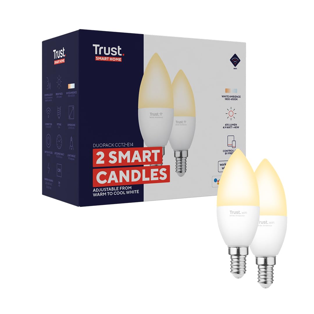 Trust WiFi E14 Smart Bulb, Dimmable Candle Bulb,Works with Alexa and Google Home, No Hub, Small Screw Warm to Cool Smart Light Bulb,White Ambience [Amazon Excl] - 2 Pack