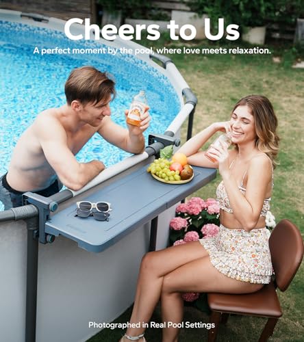 POOLHACKER Poolside Bar, [Original] Swim Up Bar Exclusively for Above-Ground Round Pools. Patio Poolside Table Smart Fold Easy Maintenance, Weather Resistant Stable Tabletop (Phantom Gray)