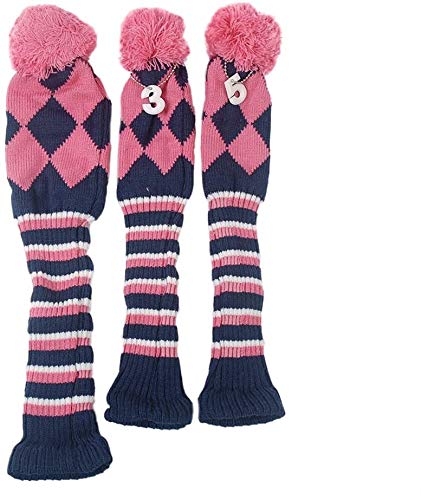 OxoxO set of Golf Club Argyle Knit Head Covers Headcover Vintage Pom Pom Sock Covers 1-3-8 Compatible with Driver & Woods 3pcs(Pink & Dark blue)