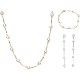14K Gold Plated Pearl Jewelry Set for Women Delicate Necklace Earrings Bracelet Combo Wedding Party Birthday Gifts with Silver Tone Accents