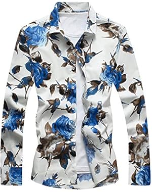 Men's Cotton Shirts Long Sleeve Floral Shirts Casual Button Down Shirts Plus Sizes