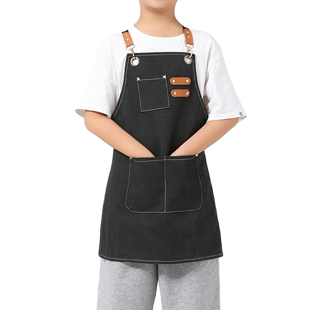 Oyccen Canvas Kids Apron Cross Back Painting Apron for Boys and Girls Waterproof Kitchen Aprons with Pockets for Cooking, Baking, Artist